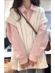 学院风甜美v领针织毛衣马甲套装女日系秋季宽松百搭衬衫两件套潮