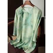 桑蚕丝双绉国风水墨画，圆领宽松蝙蝠袖真丝绿色，印花优雅中式上衣