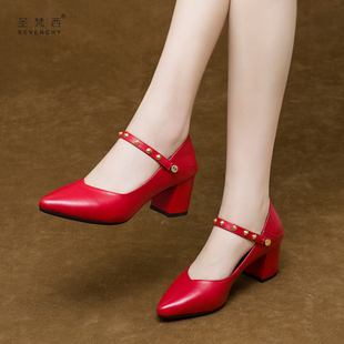 小码女鞋313233高跟鞋2024春秋季软皮粗跟单鞋红色中跟真皮鞋