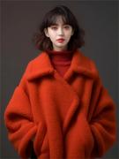 2023橘色羊羔毛大衣(毛大衣)女装，秋冬中长款气质，小香风毛呢外套小个子