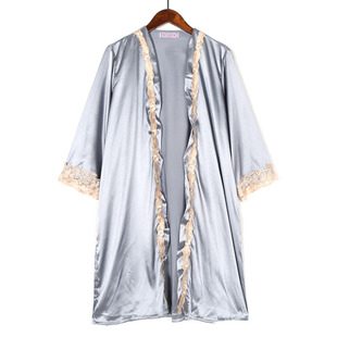 时尚居家女士睡袍欧式蕾丝拼接中长款春夏季七分袖性感睡袍潮