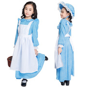 万圣节表演服装六一农场服先锋女孩cos儿童，蓝色圆点女仆连衣裙