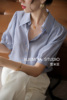 蓝色条纹真丝衬衫女夏设计感小众短袖休闲宽松气质高端桑蚕丝衬衣