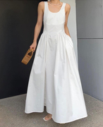 2023夏高定设计感买手法式优雅背带露背晚礼服长裙白色连衣裙洋装
