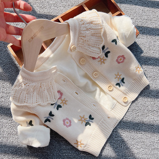 宝宝冬装加绒保暖外套婴儿棉线毛衣针织衫公主花边领刺绣花朵开衫