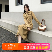 oktw法式复古牛仔连衣裙，女2024春秋a字裙显瘦收腰气质长裙