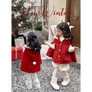 女童加厚外套2023呢子，大衣韩版红色圣诞披风，洋气拜年服红斗篷