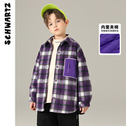 schwartz儿童格子衬衣开衫，男童加绒衬衫，2023冬装夹棉外套童装