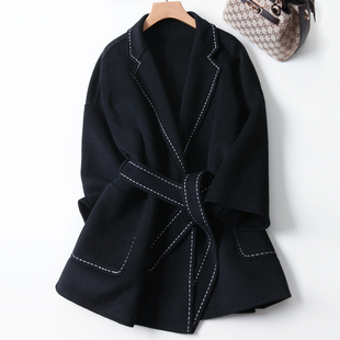黑色双面羊绒大衣女2022冬季日系洋派风衣中长版宽松显瘦加厚外套