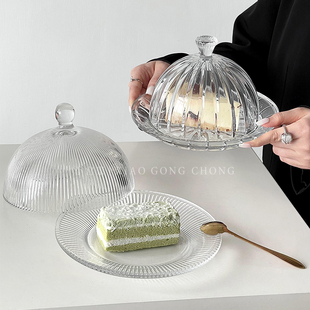 ins风甜品盘带盖蛋糕展示盒透明玻璃罩点心水果试吃盘糕点防尘罩