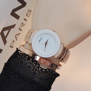 女时尚水钻手表表带简约白色不锈钢圆形石英钢带金属国产腕表