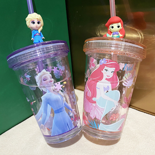 迪士尼双层美人鱼爱丽儿冰雪奇缘艾莎吸管杯，水杯果汁杯