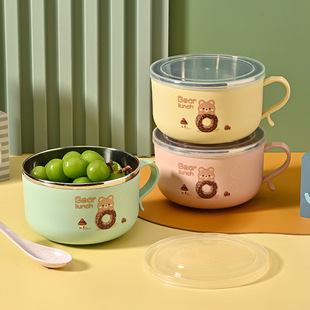 不锈钢家用饭碗宝宝儿童小学生带盖饭盒可爱精致汤碗套装餐具