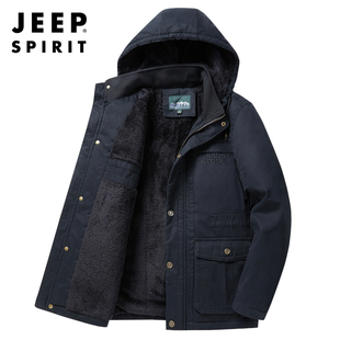 jeep加绒加厚工装棉衣，男冬季羊羔绒袄，子工作服中长款休闲棉服外套