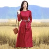 原创设计复古长袖酒红色亚麻连衣裙系带棉麻拼接A字裙长裙
