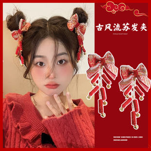 中国风新年头饰龙年红色发夹，女可爱古风成人，儿童过年发卡拜年发饰