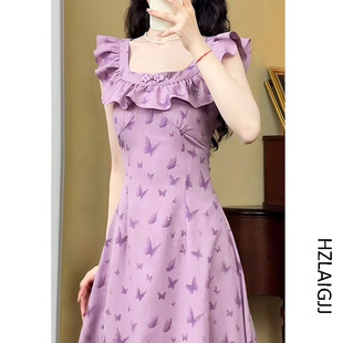 2024夏季法式复古方领连衣裙女紫色小飞袖设计感小众仙女长裙