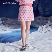 vjcolivia2023秋冬粉色，针织半身裙撞色提花减龄高腰短裙女装