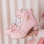 韩版甜美粉色马丁靴，女学生洛丽塔高跟，短靴女靴公主原创lolita鞋冬