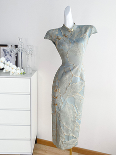 蓝色新中式国风改良旗袍连衣裙，女夏季长裙法式小个子气质礼服裙子