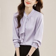 法式优雅设计感飘带领结紫色，长袖衬衫女春季气质通勤职场衬衣