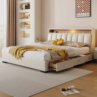 多功能智能真皮床现代简约轻奢主卧室大床双人床，2米x2米2软包婚床