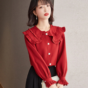 2023春装红色本命年娃娃领上衣，长袖雪纺衬衫，女士时髦洋气小衫
