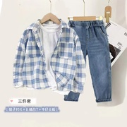 男童春秋季三件套蓝色格子长袖，衬衫中大童，牛仔裤长裤韩版休闲套装