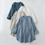 大码宽松日系棉麻衬衫，女夏季2023纯色，百搭休闲圆领七分袖衬衣