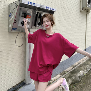 火龙果色T恤女夏季韩版2024小心机露背宽松中长款短袖套装ins