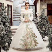 冬季婚纱礼服2023新娘结婚秋冬款一字肩长袖加厚保暖白色冬天