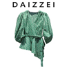 daizzei~绿色碎花衬衣女2024夏新v领泡泡袖不规则系带衬衫上衣潮