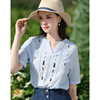 艾蓓怡蓝色v领波西米亚，纯棉刺绣短袖衬衫，女2024夏季气质上衣