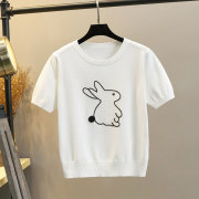 设计感小兔子刺绣短袖T恤女夏季宽松上衣薄款冰丝套头针织衫