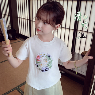 女童中国风刺绣上衣夏装，2024洋气女孩，打底衫儿童休闲短袖t恤