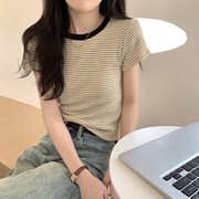 suseyiku 夏季韩版气质修身复古撞色条纹华夫格短袖女T恤上衣