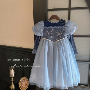 女童公主裙发光2024年韩版儿童，女孩生日礼服宫廷，风蓝色蓬蓬网纱裙