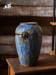 复古蓝中式陶瓷花瓶，做旧陶罐客厅插花花器，摆件粗陶花瓶三件套