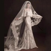 高级定制意大利教堂奢华蕾丝，高贵女王长袖一字，肩拖尾婚纱礼服朵拉