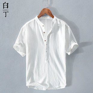 夏季中国风复古立领亚麻短袖t恤男半袖棉麻polo白色薄款衬衫体恤