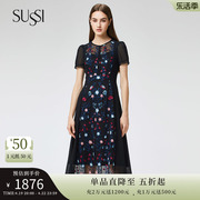 SUSSI/古色2023夏季黑网刺绣拼雪纺圆领X型连衣裙
