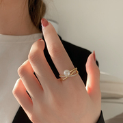 胖手戒指女小众设计大码粗手指环装饰珍珠食指，戒不掉色开口名媛款