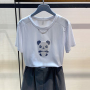 欧阿玛施女装2024夏季修身小熊猫刺绣项链短袖T恤棉