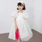 儿童2023夏季韩范童装泡泡袖礼服公主裙白色女童网纱连衣裙