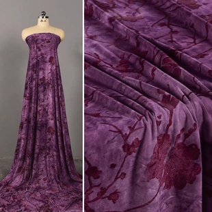 紫红色扎染花卉植绒面料 浮雕梅花中国风弹力旗袍上衣连衣裙布料