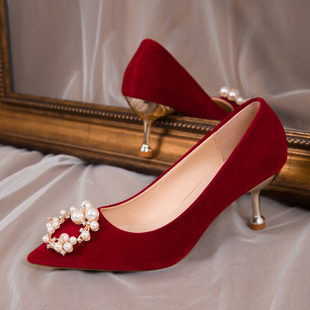 中式秀禾服婚鞋冬季2024年酒，红色高跟鞋女结婚新娘鞋水钻红鞋