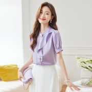 雪纺衬衫女夏短袖2023设计感荷叶边立领上衣时尚洋气紫色衬衣
