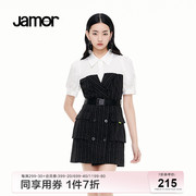 Jamor经典黑白拼接衬衫连衣裙夏装女装时尚通勤裙子