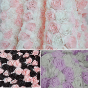 粉色乳白采色雪纺绣花服装裙子面料 立体玫瑰花布料 3D背景展台布