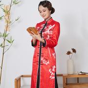 高端双排扣夹棉年轻中式款优雅中国风长款棉年轻大衣红色外搭旗袍